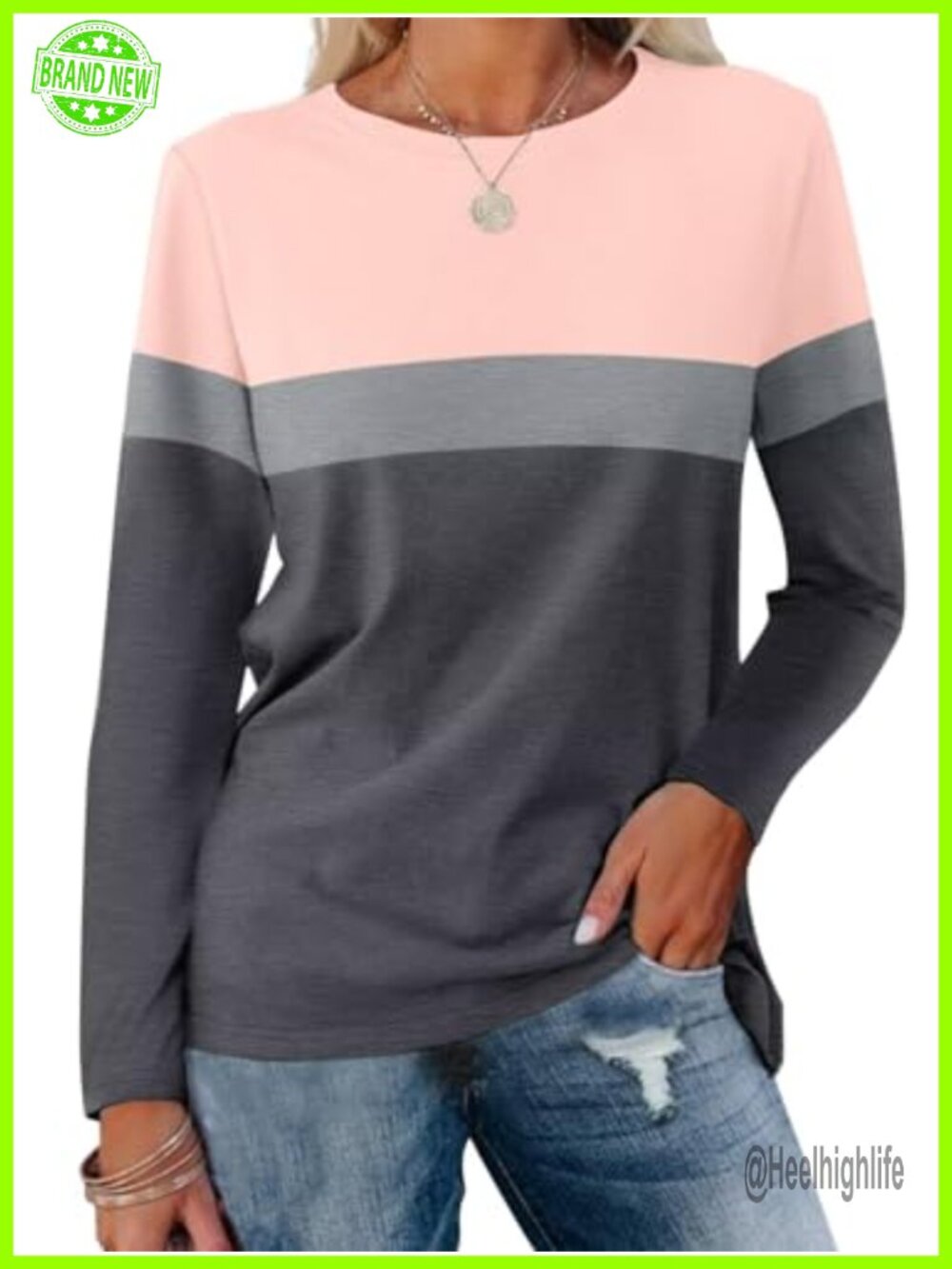 Women's Long Sleeve Color Block Tunic Top Crew Neck Loose Fit Blouse